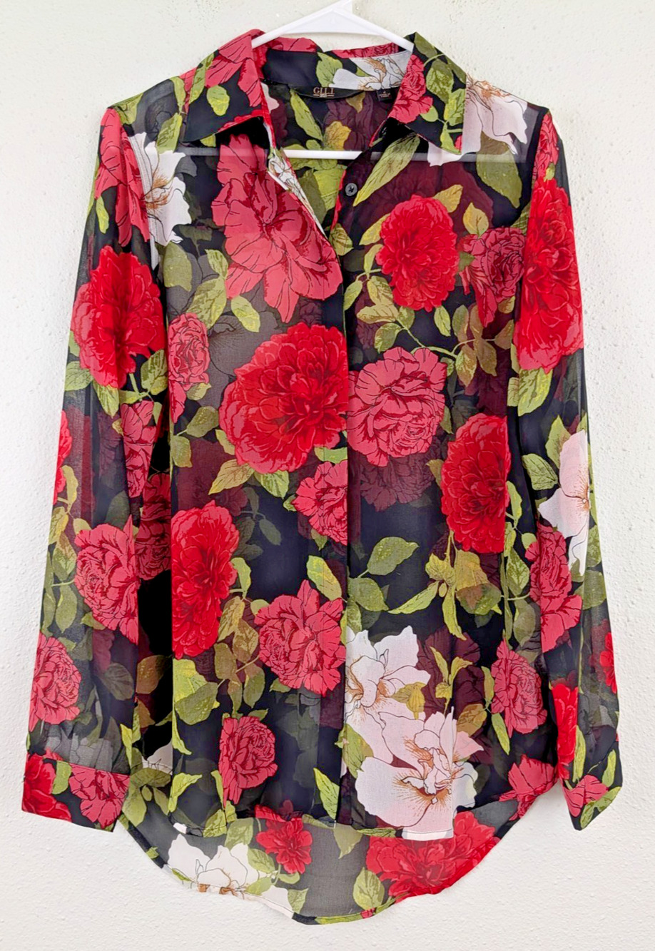 GILI sz 4 Sheer Tunic Shirt buttons long sleeves colorful floral print top 0841